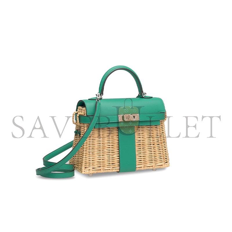 HERMÈS MASTER VERT VÉRONE SWIFT LEATHER & OSIER MINI PICNIC KELLY 20 WITH PALLADIUM HARDWARE (20*14*8cm)